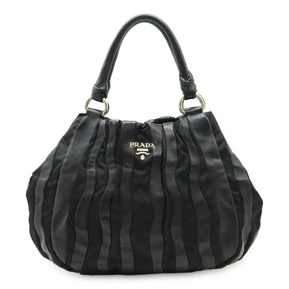 Prada Crimson Stripe Handbag Tote Bag Leather NERO Black